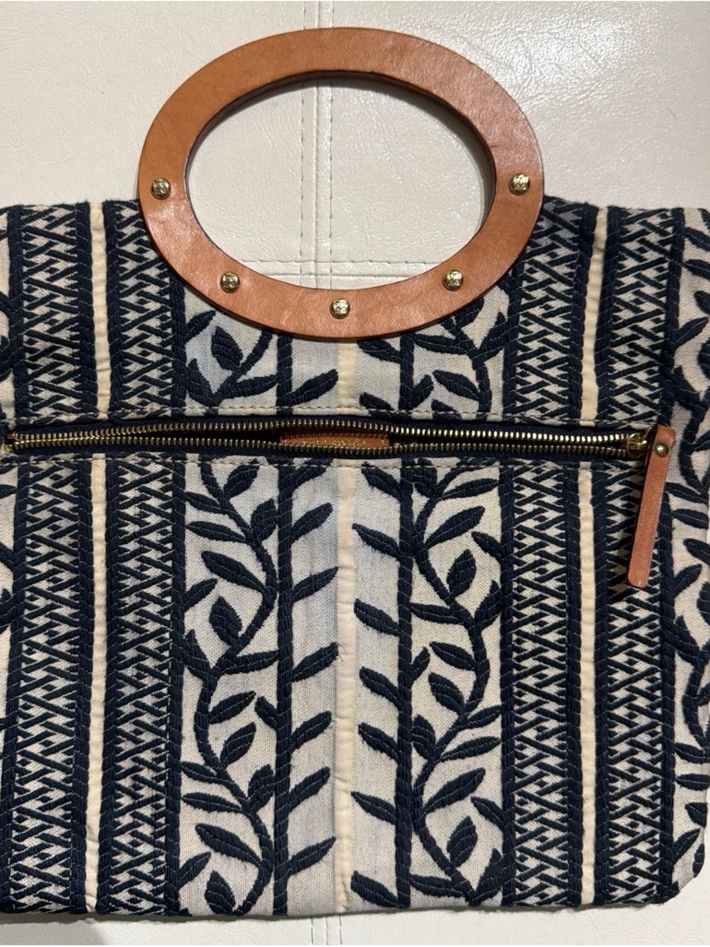 kate spade Navy and Cream Embroidered Tote with Leather Handles